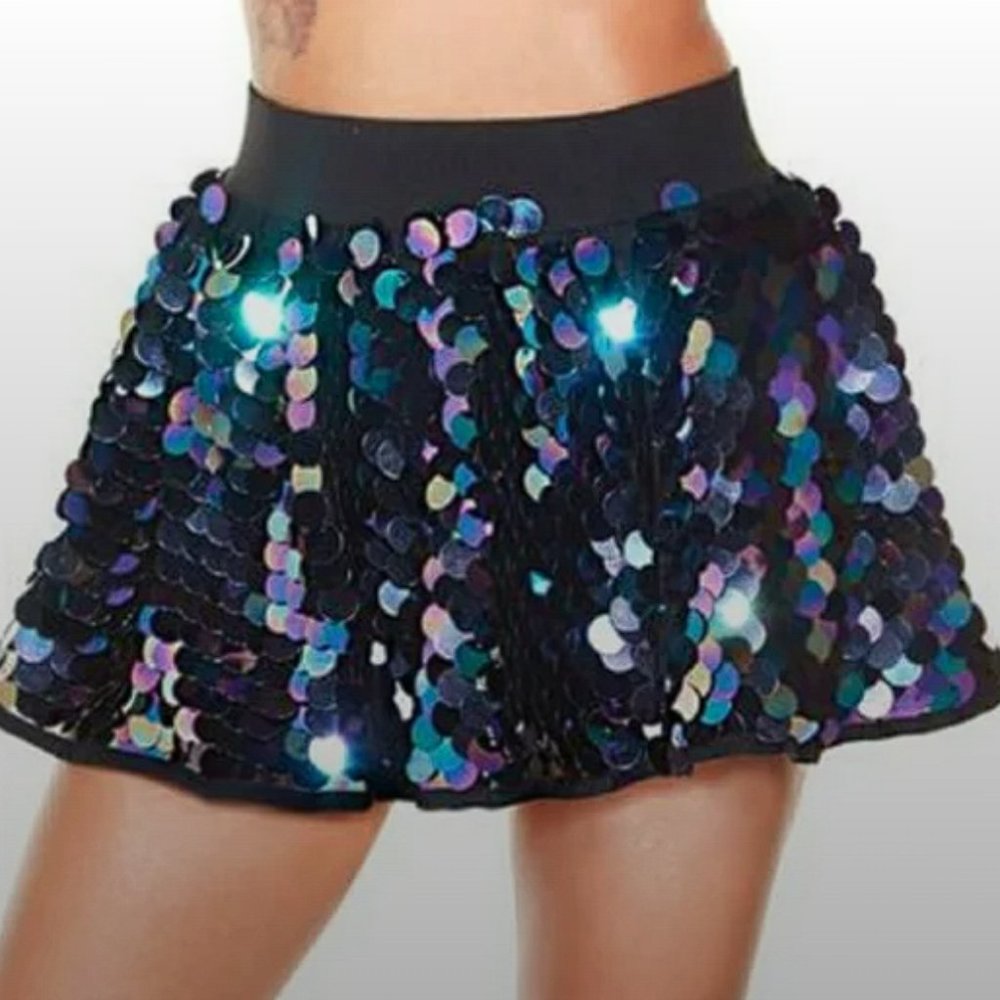 iHeartRaves Disco Mermaid Sequin Mini Skirt - Black - Size S - Festival Rave